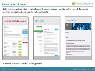 Presentation of career
Both the competitor sites are displaying the exact vacancy positions they need. Positions
are well categorized and clearly distinguishable.

Netmagicsolutions.com

Ctrls.com

Trimax.in

Whereas at trimax.in email CV in general.
http://www.techved.com/
http://www.techved.com/
http://www.techved.com/
http://www.techved.com/

© 2013 2012 Techved ConsultingConsulting Ltd.
Consulting India Pvt. Ltd.
2013 © 2013 Consulting India Pvt.
@ Techved Techved Techved Pvt. Ltd.

 