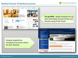 Medical Tourism & Medical Insurance

Tie Up With: Apollo Hospitals tie up
with Tamil Nadu Tourism & Sita care
Tourism wing of Sita Travel

Hinduja Hospital has
introduced insurance claims
for their Patients.

http://www.techved.com/

2013 Techved Consulting India Pvt. Ltd.

 