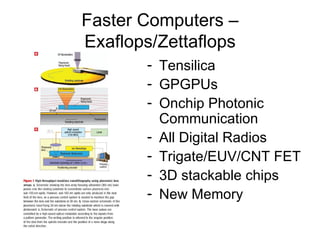 Faster Computers –Exaflops/Zettaflops Tensilica GPGPUs Onchip Photonic Communication All Digital Radios Trigate/EUV/CNT FET 3D stackable chips New Memory 