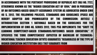 IN ACCORDANCE WITH THE PERTINENT PROVISIONS OF REPUBLIC ACT (RA) NO. 7722,
OTHERWISE KNOWN AS THE “HIGHER EDUCATION ACT OF 1994,” AND IN PURSUANCE
OF AN OUTCOMES-BASED QUALITY ASSURANCE SYSTEM AS ADVOCATED UNDER CMO
46 S. 2012, THE FOLLOWING POLICIES, STANDARDS AND GUIDELINES (PSGS) ARE
HEREBY ADOPTED AND PROMULGATED BY THE COMMISSION: ARTICLE I
INTRODUCTION SECTION 1 RATIONALE BASED ON THE GUIDELINES FOR THE
IMPLEMENTATION OF CMO 46, SERIES 2012, THIS PSG IMPLEMENTS THE “SHIFT TO
LEARNING COMPETENCY-BASED STANDARDS/OUTCOMES BASED EDUCATION.” IT
SPECIFIES THE ‘CORE COMPETENCIES’ EXPECTED OF BACHELOR OF TECHNICAL-
VOCATIONAL TEACHER EDUCATION (BTVTE) GRADUATES “REGARDLESS OF THE TYPE OF
HIGHER EDUCATION INSTITUTION (HEI) THEY GRADUATE FROM
 