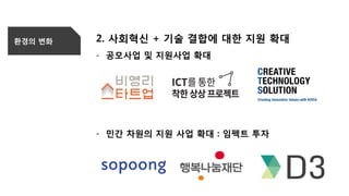 환경의 변화 2. 사회혁신 + 기술 결합에 대한 지원 확대
- 공모사업 및 지원사업 확대
- 민간 차원의 지원 사업 확대 : 임펙트 투자
 