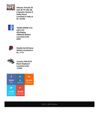 3,031
Fans
0
Followers
32,600
Followers
2,434
Followers
18,400
Subscribers
HiSense Tornado 55
inch 4K TV with JBL
6 Speaker System &
Dolby Atmos
Launched in India at
Rs. 44,990
TECNO SPARK 6 Go
with 6.52”
HD+Display,
5000mAh Battery
Launched at Rs.
8499
Studds Cub D4 Decor
Helmet Launched at
Rs. 1175
Yamaha PSR-E373
Music Keyboard
Launched at Rs.
13,990
© 2017 - 2020 TechVorm
 