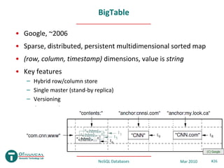 BigTable

• Google, ~2006
• Sparse, distributed, persistent multidimensional sorted map
• (row, column, timestamp) dimensions, value is string
• Key features
   –   Hybrid row/column store
   –   Single master (stand-by replica)
   –   Versioning
   –   Compression




                                                                (C) Google


                                NoSQL Databases     Mar 2010       #26
 