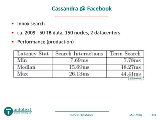 Cassandra @ Facebook

• Inbox search
• ca. 2009 - 50 TB data, 150 nodes, 2 datacenters
• Performance (production)




    ...