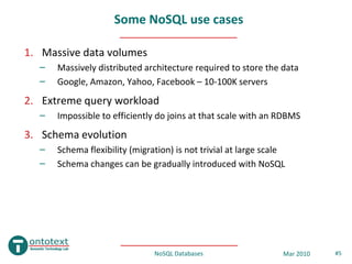 Some NoSQL use cases

1. Massive data volumes
  –   Massively distributed architecture required to store the data
  –   Go...