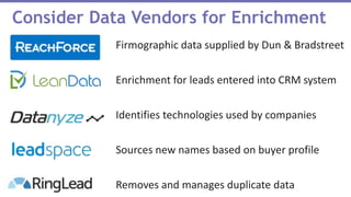 #mktgnation | @hallypino | @vioma
Firmographic data supplied by Dun & Bradstreet
Enrichment for leads entered into CRM system
Identifies technologies used by companies
Sources new names based on buyer profile
Removes and manages duplicate data
Consider Data Vendors for Enrichment
 