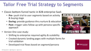 #mktgnation | @hallypino | @vioma
• Classic bottom-funnel tactic in B2B enterprise SaaS
• Pre-: push trial to user segments based on activity
& buying stage
• During: provide guidance thru nurture & education
• Post-: trigger sales follow up with persona-specific
approach
Tailor Free Trial Strategy to Segments
• Version One case study:
• Shifting to enterprise required agility & scalability
• Created dynamic landing pages with multiple forms for
trial validation
• Developed trial flows based on segment/persona
 