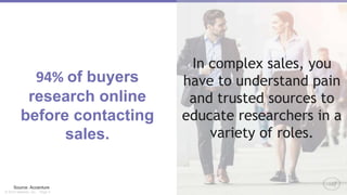 Page 4© 2014 Marketo, Inc.
Source: Accenture
94% of buyers
research online
before contacting
sales.
In complex sales, you
have to understand pain
and trusted sources to
educate researchers in a
variety of roles.
 