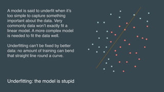 Underfitting: the model is stupid
A model is said to underfit when it’s
too simple to capture something
important about the data. Very
commonly data won’t exactly fit a
linear model. A more complex model
is needed to fit the data well.
Underfitting can’t be fixed by better
data: no amount of training can bend
that straight line round a curve.
 