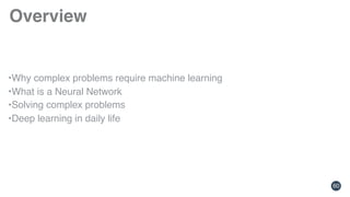 60
Overview
•Why complex problems require machine learning
•What is a Neural Network
•Solving complex problems
•Deep learning in daily life
 