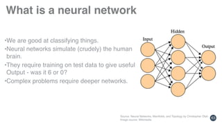 What is a neural network
63
Source: Neural Networks, Manifolds, and Topology by Christopher Olah 
Image source: Wikimedia
•We are good at classifying things.
•Neural networks simulate (crudely) the human
brain.
•They require training on test data to give useful
Output - was it 6 or 0?
•Complex problems require deeper networks.
 