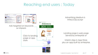 Reaching end users : Today
Ads targeted on keywords 
or interests
Click to landing 
page or app  
store
Advertising Medium is 
HTML/CSS/Jscript
Landing page is web page
Served by enterprise or
Interim step in App Store  
plus an app built by enterprise
71Confidential and copyright of Somo Global Ltd. June 23
 