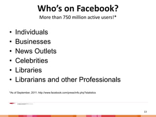 Who’s on Facebook? More than 750 million active users!* Individuals Businesses News Outlets Celebrities Libraries Librarians and other Professionals *As of September, 2011. http://www.facebook.com/press/info.php?statistics 