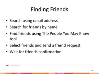 Finding Friends Search using email address Search for friends by name Find friends using The People You May Know tool Select friends and send a friend request Wait for friends confirmation 