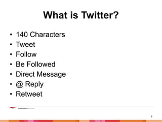 What is Twitter? 140 Characters Tweet Follow Be Followed Direct Message @ Reply Retweet 