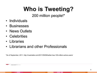 Who is Tweeting? 200 million people!* Individuals Businesses News Outlets Celebrities Libraries Librarians and other Professionals *As of September, 2011. http://mashable.com/2011/09/08/twitter-has-100-million-active-users/ 