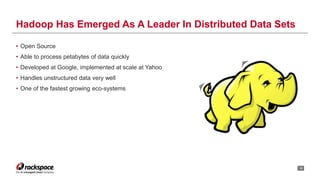 • Open Source 
• Able to process petabytes of data quickly 
• Developed at Google, implemented at scale at Yahoo 
• Handles unstructured data very well 
• One of the fastest growing eco-systems 
10 
Hadoop Has Emerged As A Leader In Distributed Data Sets 
 