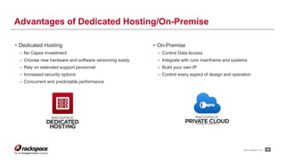 • Dedicated Hosting 
– No Capex Investment 
– Choose new hardware and software versioning easily 
– Rely on extended support personnel 
– Increased security options 
– Concurrent and predictable performance 
• On-Premise 
– Control Data Access 
– Integrate with core mainframe and systems 
– Build your own IP 
– Control every aspect of design and operation 
www.rackspace.com 30 
Advantages of Dedicated Hosting/On-Premise 
 