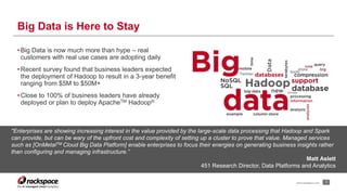 • Big Data is now much more than hype – real 
customers with real use cases are adopting daily 
•Recent survey found that business leaders expected 
the deployment of Hadoop to result in a 3-year benefit 
ranging from $5M to $50M+ 
• Close to 100% of business leaders have already 
deployed or plan to deploy ApacheTM Hadoop® 
"Enterprises are showing increasing interest in the value provided by the large-scale data processing that Hadoop and Spark 
can provide, but can be wary of the upfront cost and complexity of setting up a cluster to prove that value. Managed services 
such as [OnMetalTM Cloud Big Data Platform] enable enterprises to focus their energies on generating business insights rather 
than configuring and managing infrastructure.” 
Matt Aslett 
451 Research Director, Data Platforms and Analytics 
7 
Big Data is Here to Stay 
www.rackspace.com 
 