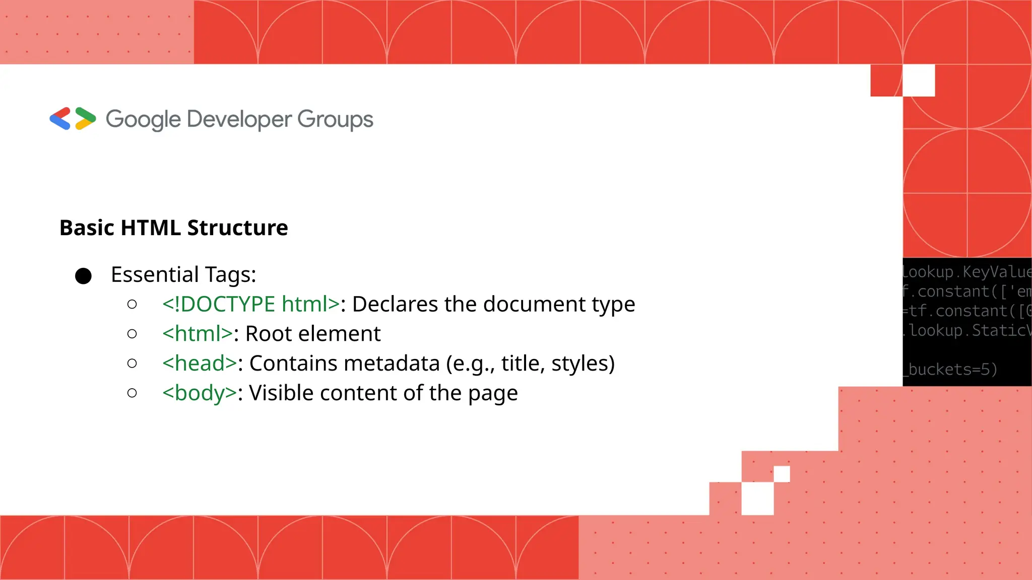 Basic HTML Structure ● Essential Tags: ○ <!DOCTYPE html>: Declares the document type ○ <html>: Root element ○ <head>: Contains metadata (e.g., title, styles) ○ <body>: Visible content of the page 