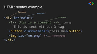 HTML: syntax example
<div id="main">
<!-- this is a comment -->
This is text without a tag.
<button class="mini">press me</button>
<img src="me.png" />
</div>
Tag name
attributes
comment
text tag
self-closing tag
 