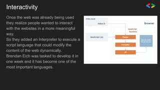 Interactivity
Once the web was already being used
they realize people wanted to interact
with the websites in a more meaningful
way.
So they added an Interpreter to execute a
script language that could modify the
content of the web dynamically.
Brendan Eich was tasked to develop it in
one week and it has become one of the
most important languages.
 