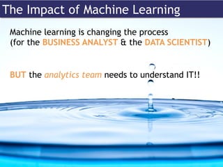 The Impact of Machine Learning 
Machine learning is changing the process 
(for the BUSINESS ANALYST & the DATA SCIENTIST) ...