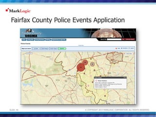 Fairfax County Police Events Application 
SLIDE: 40 © COPYRIGHT 2014 MARKLOGIC CORPORATION. ALL RIGHTS RESERVED. 
Slide 40...