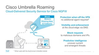Cisco Umbrella Roaming
VPN
on
VPN
off
ODNS
active
SANDBOX
PROXY
NGFW
NETFLOW
Umbrella
Malware
Phishing Sites
C2 Callbacks
...