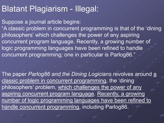 Blatant Plagiarism - Illegal:
Suppose a journal article begins:
“A classic problem in concurrent programming is that of the ‘dining
philosophers’ which challenges the power of any aspiring
concurrent program language. Recently, a growing number of
logic programming languages have been refined to handle
concurrent programming; one in particular is Parlog86.”
The paper Parlog86 and the Dining Logicians revolves around a
classic problem in concurrent programming, the ‘dining
philosophers’ problem, which challenges the power of any
aspiring concurrent program language. Recently, a growing
number of logic programming languages have been refined to
handle concurrent programming, including Parlog86.
 