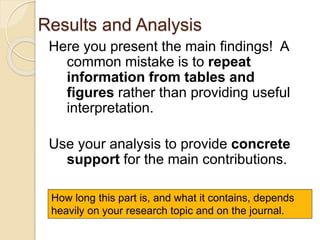 Results and Analysis
Here you present the main findings! A
common mistake is to repeat
information from tables and
figures rather than providing useful
interpretation.
Use your analysis to provide concrete
support for the main contributions.
How long this part is, and what it contains, depends
heavily on your research topic and on the journal.
 
