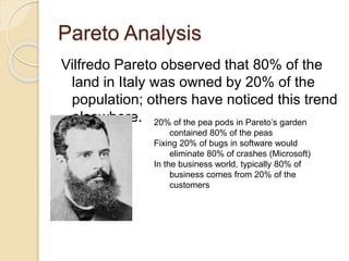 Pareto Analysis
Vilfredo Pareto observed that 80% of the
land in Italy was owned by 20% of the
population; others have noticed this trend
elsewhere. 20% of the pea pods in Pareto’s garden
contained 80% of the peas
Fixing 20% of bugs in software would
eliminate 80% of crashes (Microsoft)
In the business world, typically 80% of
business comes from 20% of the
customers
 