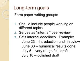 Long-term goals
Form paper-writing groups:
1. Should include people working on
different topics
2. Serves as “internal” peer-review
3. Sets internal deadlines. Example:
June 23 – introduction and lit review
June 30 – numerical results done
July 5 – very rough first draft
July 10 – polished draft
 