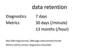 data retention
Diagnostics 7 days
Metrics 30 days (/minute)
13 months (/hour)
Max 500 msgs/second, 10M page views+events/month
Metrics will be correct, diagnostics discarded
 