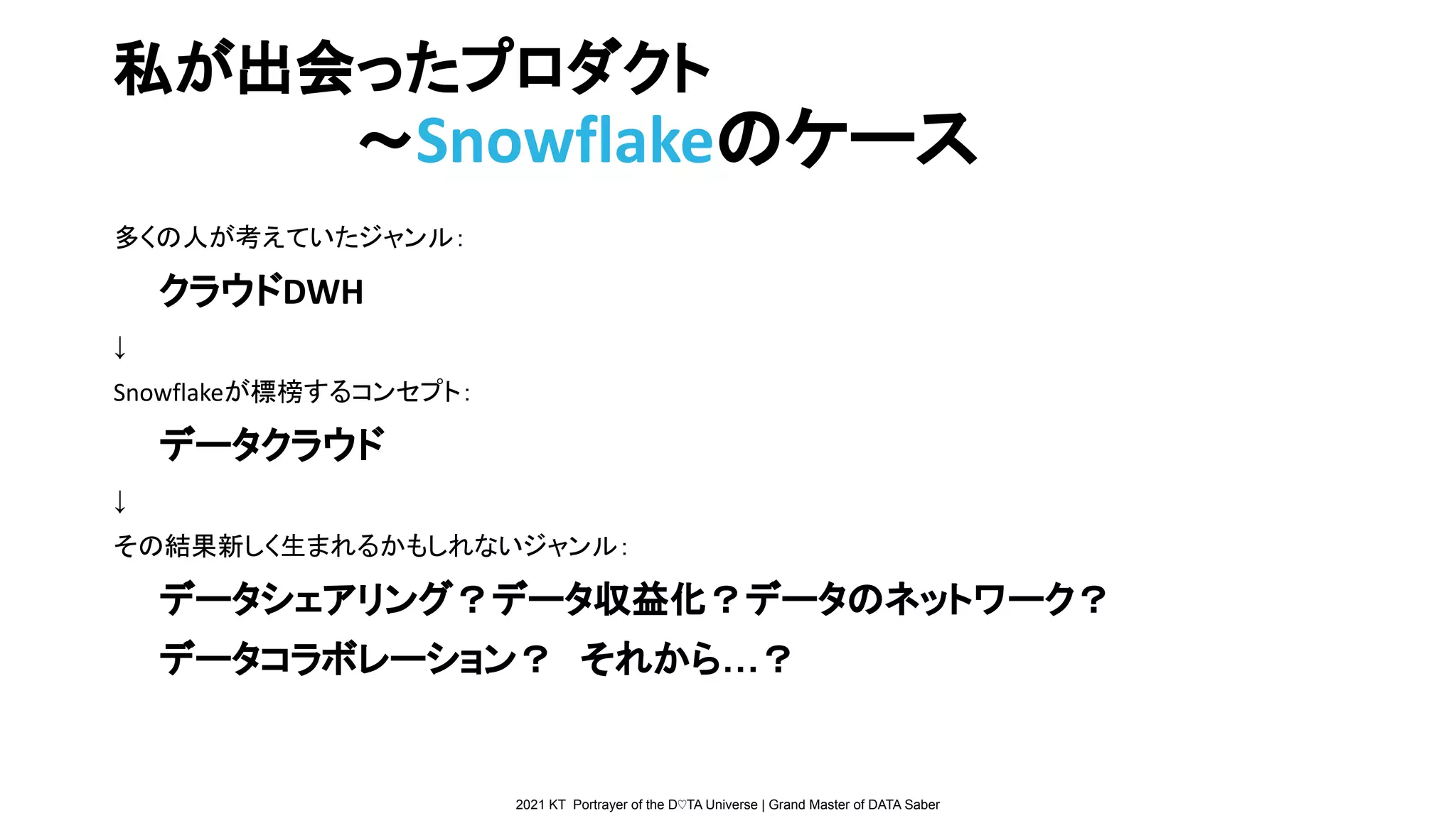 2021 KT Portrayer of the D♡TA Universe | Grand Master of DATA Saber
私が出会ったプロダクト
　　　　　　〜Snowflakeのケース
多くの人が考えていたジャンル：
クラウドDWH
↓
Snowflakeが標榜するコンセプト：
データクラウド
↓
その結果新しく生まれるかもしれないジャンル：
データシェアリング？データ収益化？データのネットワーク？
データコラボレーション？　それから…？
 