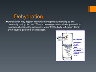 Dehydration
Dehydration may happen why while having this by throwing up and
constantly having diarrhea. When a person gets severely dehydrated it is
dangerous because the cells needs water for the body to function. It may
even cause a person to go into shock.
 