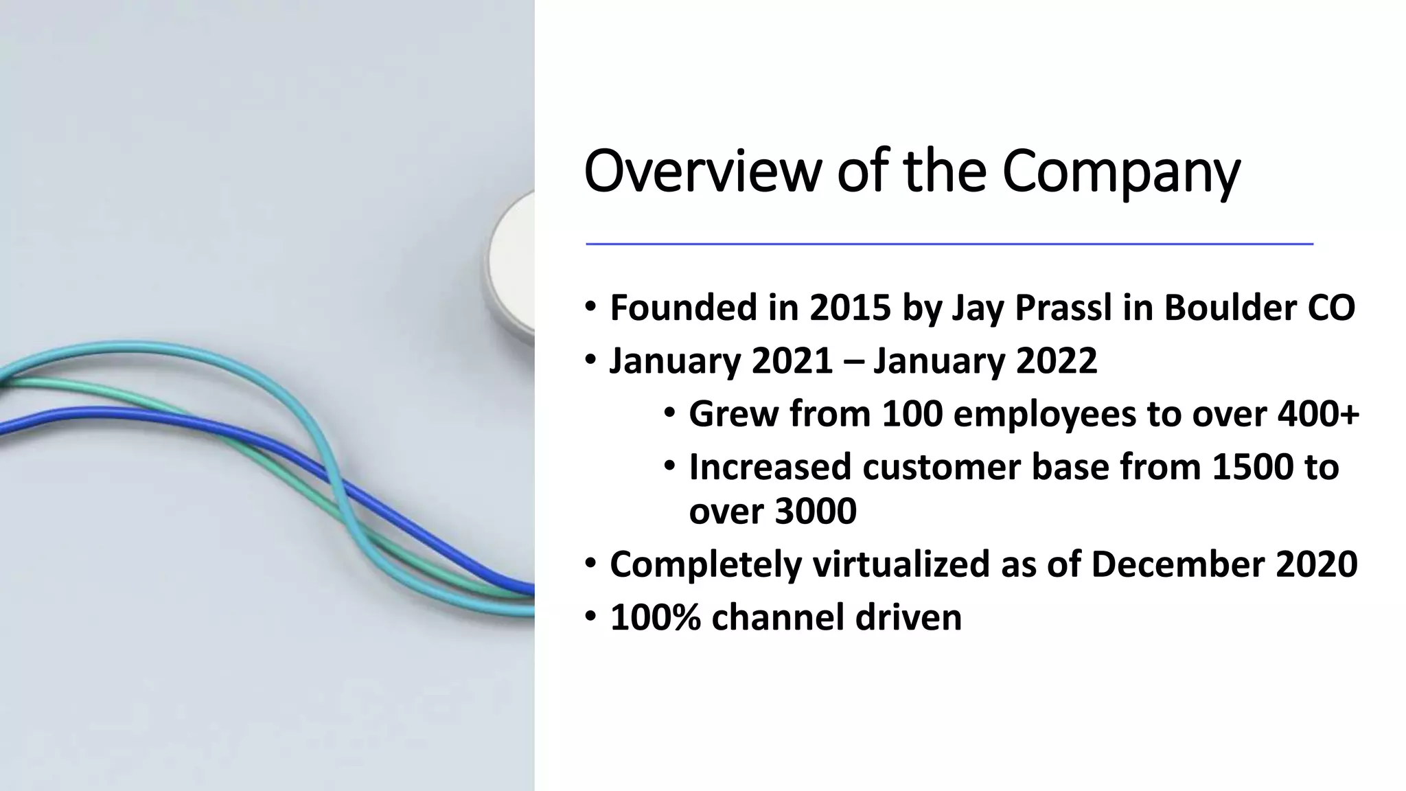 Overview of the Company
• Founded in 2015 by Jay Prassl in Boulder CO
• January 2021 – January 2022
• Grew from 100 employees to over 400+
• Increased customer base from 1500 to
over 3000
• Completely virtualized as of December 2020
• 100% channel driven
 