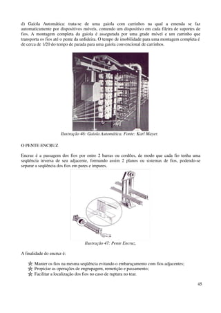 d) Gaiola Automática: trata-se de uma gaiola com carrinhos na qual a emenda se faz 
automaticamente por dispositivos móveis, contendo um dispositivo em cada fileira de suportes de 
fios. A montagem completa da gaiola é assegurada por uma grade móvel e um carrinho que 
transporta os fios até o pente da urdideira. O tempo de imobilidade para uma montagem completa é 
de cerca de 1/20 do tempo de parada para uma gaiola convencional de carrinhos. 
45 
Ilustração 46: Gaiola Automática. Fonte: Karl Mayer. 
O PENTE ENCRUZ 
Encruz é a passagem dos fios por entre 2 barras ou cordões, de modo que cada fio tenha uma 
seqüência inversa de seu adjacente, formando assim 2 planos ou sistemas de fios, podendo-se 
separar a seqüência dos fios em pares e impares. 
Ilustração 47: Pente Encruz. 
A finalidade do encruz é: 
Manter os fios na mesma seqüência evitando o embaraçamento com fios adjacentes; 
Propiciar as operações de engrupagem, remetição e passamento; 
Facilitar a localização dos fios no caso de ruptura no tear. 
 