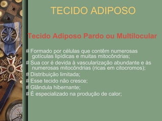 TECIDO ADIPOSO

Tecido Adiposo Pardo ou Multilocular

# Formado por células que contêm numerosas
  gotículas lipídicas e muitas mitocôndrias;
# Sua cor é devida à vascularização abundante e às
  numerosas mitocôndrias (ricas em citocromos);
# Distribuição limitada;
# Esse tecido não cresce;
# Glândula hibernante;
# É especializado na produção de calor;
 