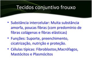 Tecidos conjuntivo frouxo Substância intercelular: Muita substância amorfa, poucas fibras (com predomínio de fibras colágenas e fibras elásticas) Funções: Suporte, preenchimento, cicatrização, nutrição e proteção. Células típicas: Fibroblastos,Macrófagos, Mastócitos e Plasmócitos 