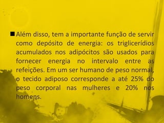 Além disso, tem a importante função de servir como depósito de energia: os triglicerídios acumulados nos adipócitos são usados para fornecer energia no intervalo entre as refeições. Em um ser humano de peso normal, o tecido adiposo corresponde a até 25% do peso corporal nas mulheres e 20% nos homens. 