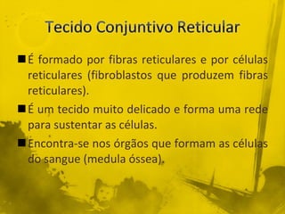 É formado por fibras reticulares e por células reticulares (fibroblastos que produzem fibras reticulares). É um tecido muito delicado e forma uma rede para sustentar as células. Encontra-se nos órgãos que formam as células do sangue (medula óssea). 