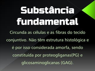 Circunda as células e as fibras do tecido
conjuntivo. Não têm estrutura histológica e
é por isso considerada amorfa, sendo
constituída por proteogliganas(PG) e
glicosaminoglicanas (GAG).
 