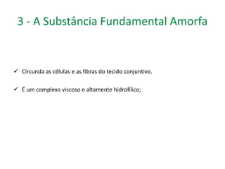3 - A Substância Fundamental Amorfa 
 Circunda as células e as fibras do tecido conjuntivo. 
 É um complexo viscoso e altamente hidrofílico; 
 