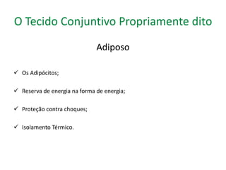 O Tecido Conjuntivo Propriamente dito 
Adiposo 
 Os Adipócitos; 
 Reserva de energia na forma de energia; 
 Proteção contra choques; 
 Isolamento Térmico. 
 