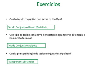 Exercícios 
• Qual o tecido conjuntivo que forma os tendões? 
Tecido Conjuntivo Denso Modelado 
• Que tipo de tecido conjuntivo é importante para reserva de energia e 
isolamento térmico? 
Tecido Conjuntivo Adiposo 
• Qual a principal função do tecido conjuntivo sanguíneo? 
Transportar substâncias 
