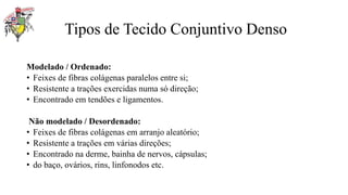 Tipos de Tecido Conjuntivo Denso
Modelado / Ordenado:
• Feixes de fibras colágenas paralelos entre si;
• Resistente a trações exercidas numa só direção;
• Encontrado em tendões e ligamentos.
Não modelado / Desordenado:
• Feixes de fibras colágenas em arranjo aleatório;
• Resistente a trações em várias direções;
• Encontrado na derme, bainha de nervos, cápsulas;
• do baço, ovários, rins, linfonodos etc.
 