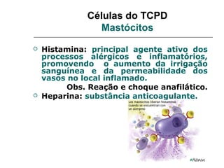 Células do TCPD
                Mastócitos
   Histamina: principal agente ativo dos
    processos alérgicos e inflamatórios,
    promovendo o aumento da irrigação
    sanguínea e da permeabilidade dos
    vasos no local inflamado.
          Obs. Reação e choque anafilático.
   Heparina: substância anticoagulante.
 