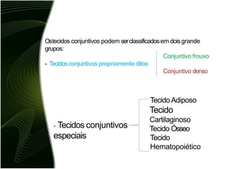 Ostecidos conjuntivos podem serclassificadosem doisgrande
grupos:
Conjuntivo frouxo
- Tecidosconjuntivos propriamente ditos
Conjuntivo denso
TecidoAdiposo
Tecido
Cartilaginoso
Tecido Ósseo
Tecido
Hematopoiético
- Tecidos conjuntivos
especiais
 