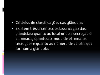  Critérios de classificações das glândulas
 Existem três critérios de classificação das
  glândulas: quanto ao local onde a secreção é
  eliminada, quanto ao modo de eliminaras
  secreções e quanto ao número de células que
  formam a glândula.
 